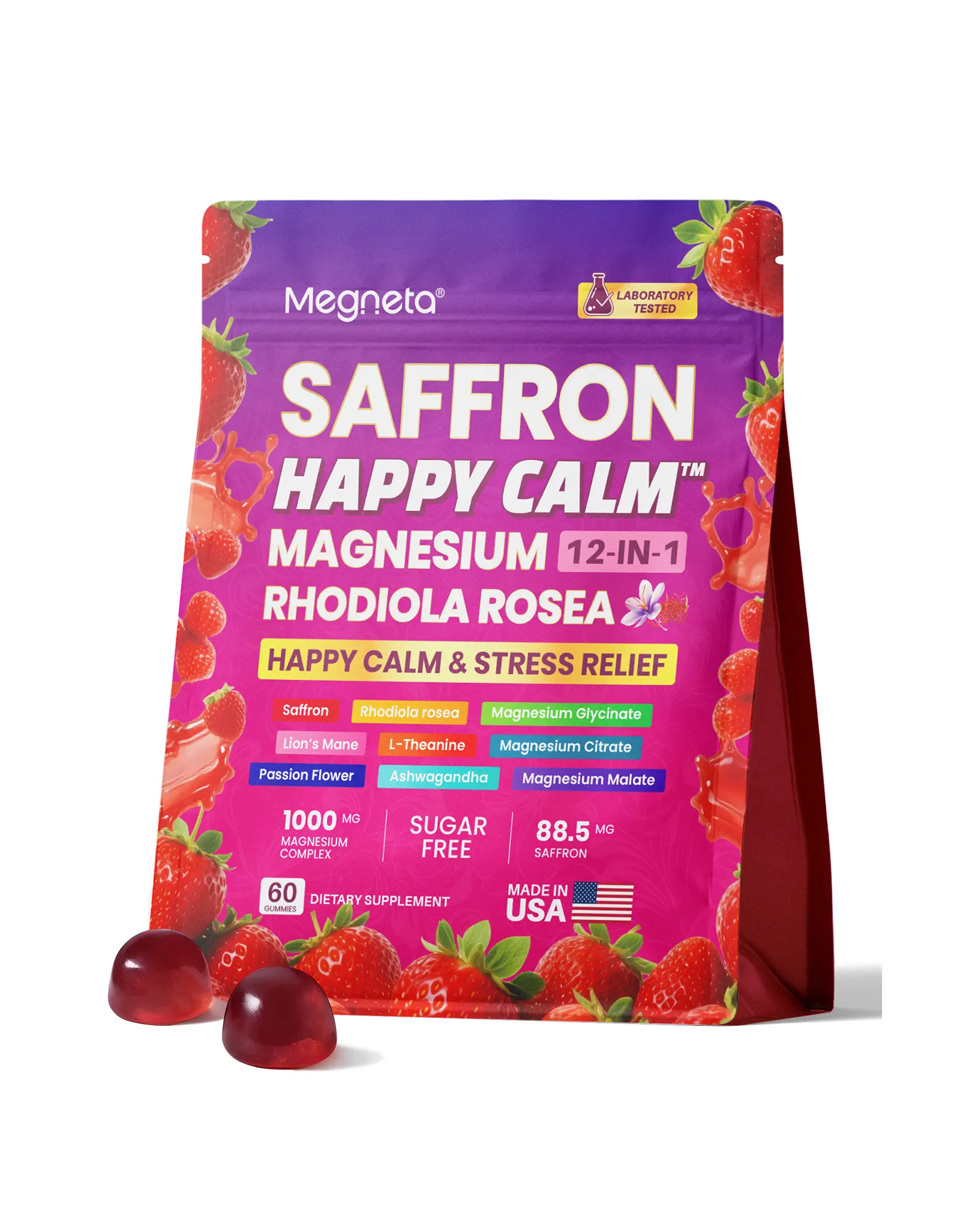 12-in-1 Magnesium Complex Gummies with KSM-66 Ashwagandha & Saffron – Multi-Magnesium Formula with GABA, L-Theanine, Rhodiola & Lion's Mane for Stress Support, Mood & Sleep, 60 Gummies, Sugar Free, Non-GMO Strawberry Flavor