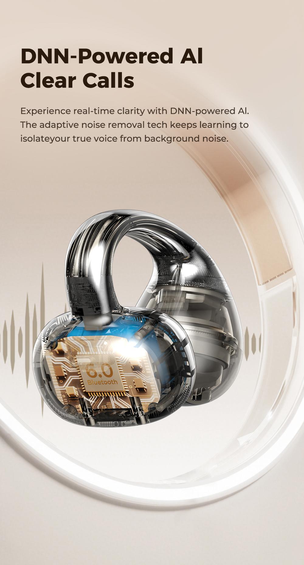 HTC NE56 OWS - The latest clip-on earphones from 2025. Bluetooth headset (6.0), IPX5 water resistance, and a built-in microphone. Super comfortable to wear and excellent sound quality.