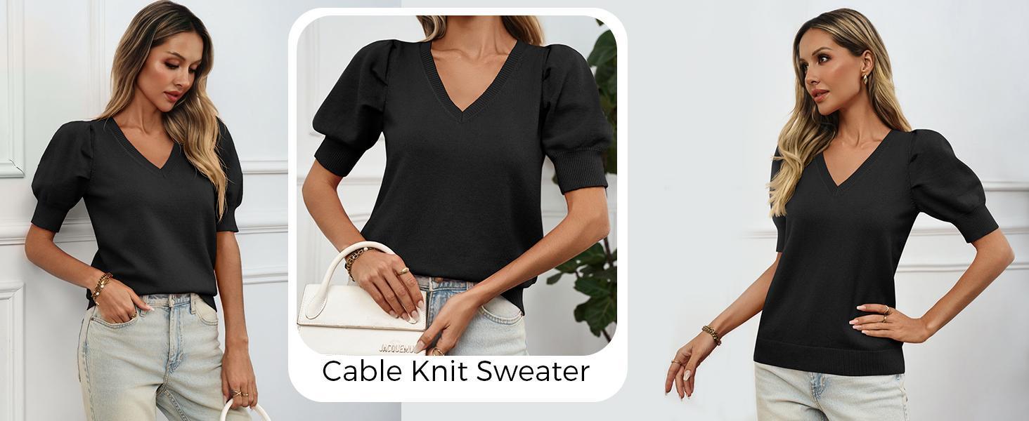 Imily Bela Women's Puff Short Sleeve Sweater Tops Spring Summer Trendy Crew/Square/V Neck Casual T Shirts Blouses Knitwear Comfort Basic Minimalist