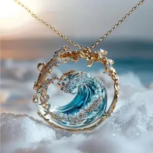 HENSY Gold Ocean Wave Jewelry Set – 3-Piece with Blue Wave Design – Y2K Mermaid Core Stacking Set – Beach Vibe Gift for Her
