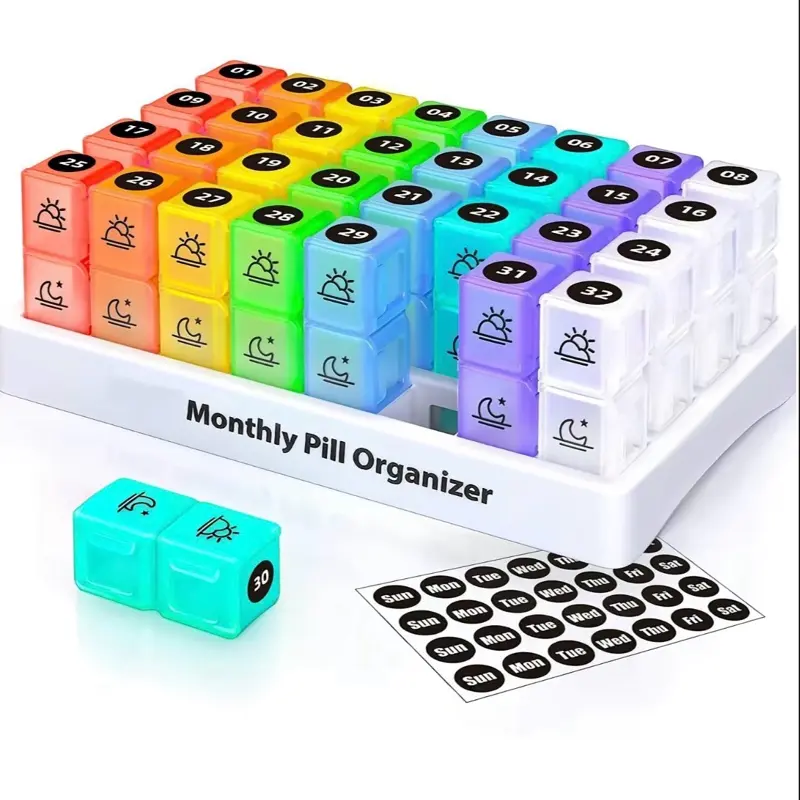 Monthly Pill Organizer Storage, 1 Set Twice-a-Day Pill Box with Stickers, AM/PM Design, Holds Vitamins & Supplements, Medicine Organizer for Home Organization