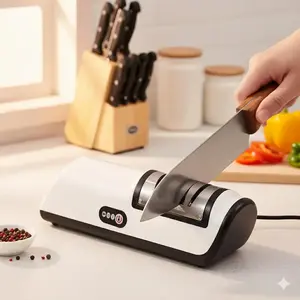 Professional 2-Stage Electric Knife Sharpener, Quick Sharpening & Polishing Multi-Function Kitchen Tool for Kitchen, Outdoor, Camping Use. Non-Slip Base, High-Power, Durable & Portable for Knives, Scissors, Cleavers.