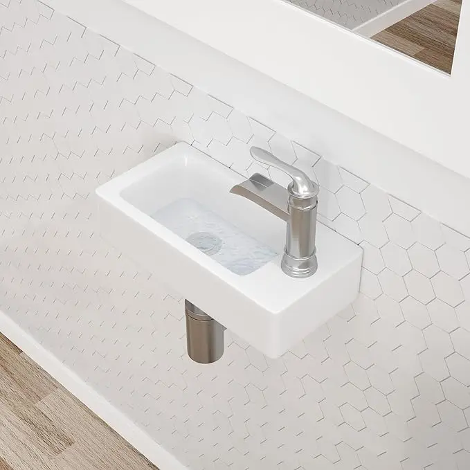 Dcolora 14.5"x7" White Ceramic Wall-Mounted Bathroom Sink - Space-Saving Rectangular Floating Sink, Right-Hand Installation for Small Bathrooms, Modern Design