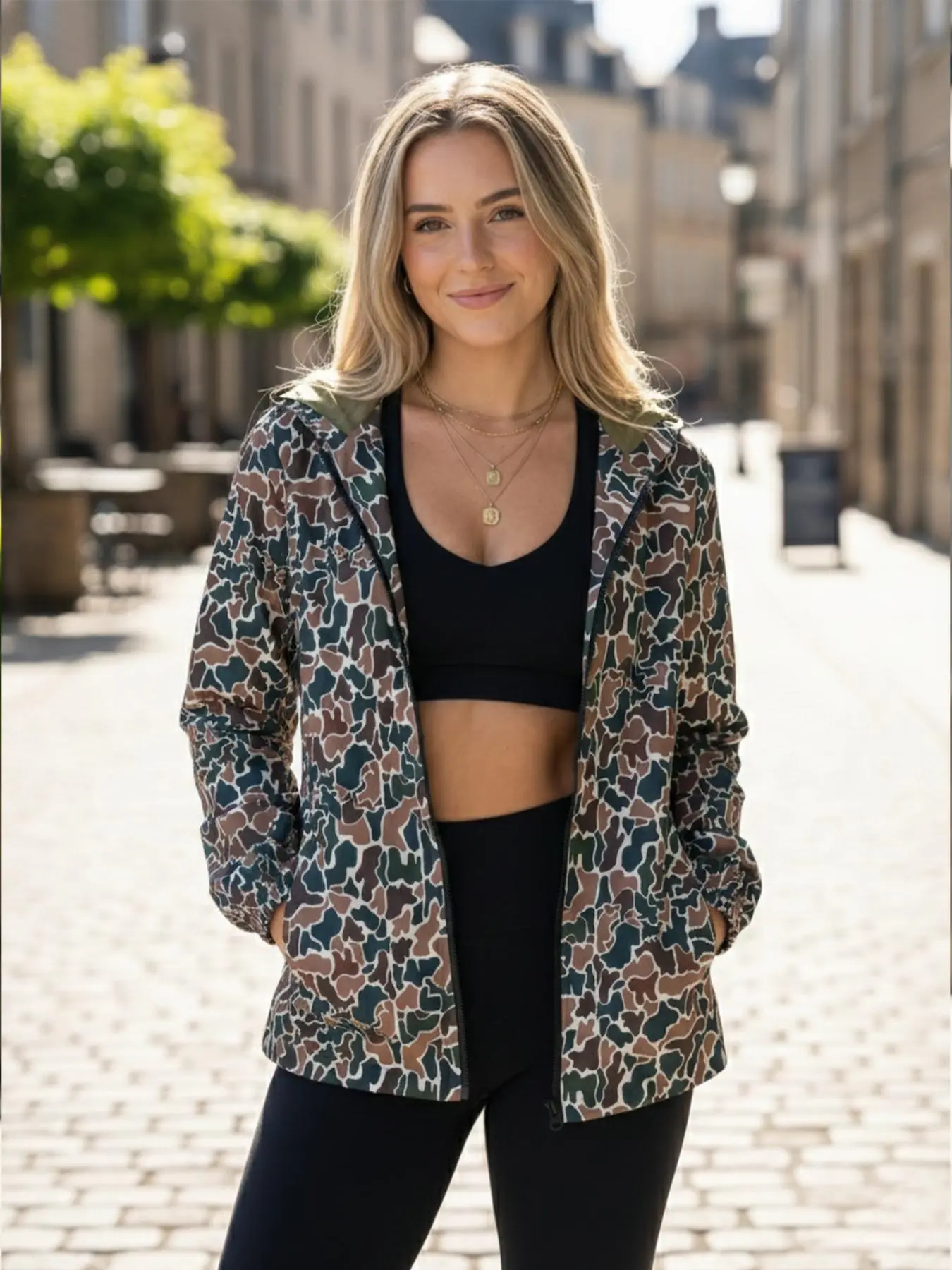 Women's Camo Print Hooded Zip-Up Longsleeves Lightweight Woven Casual Outerwear Jacket for Spring/Fall