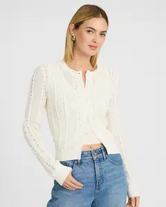 Express Pointelle Crew Neck Long Sleeve Cardigan Express Pointelle Crew Neck Long Sleeve Cardigan