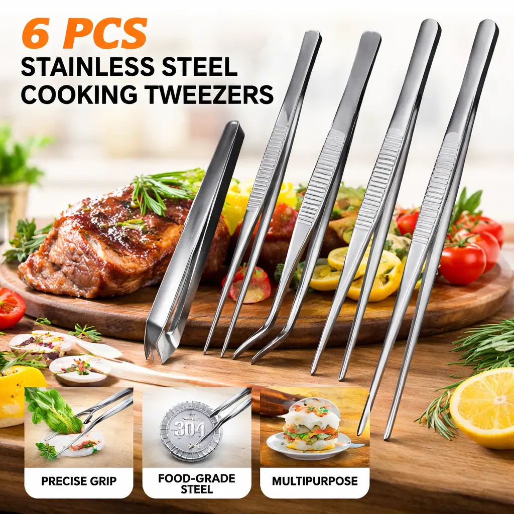 Kitchen 6-Piece Food-Grade Stainless Steel Cooking Tweezers Set - 12" Long Rust-Resistant Multipurpose Tongs for Home Cooks, BBQ, Decorating, Baking with Precise Grip