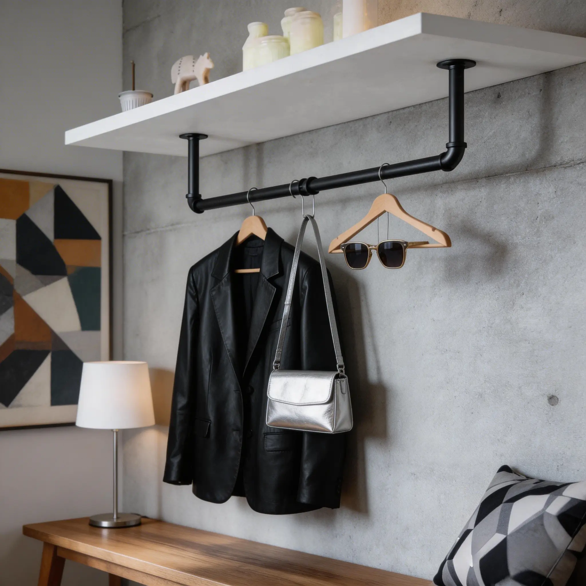 Industrial-Grade Durable Metal Laundry Hanger Organiser, 36in Pipe Drying Rack, Holds 50+ Garments, Tool-Free Wall-Mount, Home/Laundry Room Storage (Ideal for Ironed Clothes), Hangers Black Hangable