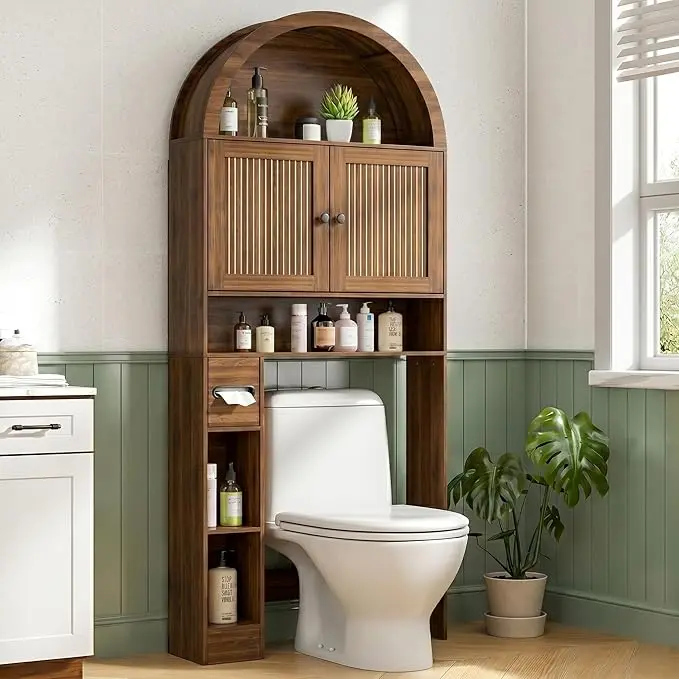 Arched Over The Toilet Storage Cabinet , Above Toilet Bathroom Organizer, 4 Tier Bathroom Cabinet Shelves with Toilet Paper Holder, Mid Century Modern Storage Rack, Tall, Wide, Walnut