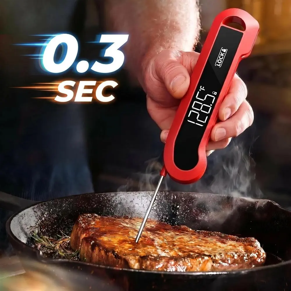 0.3 Sec Digital Thermometer, Digital Instant Read Kitchen Meat Thermometer - Kitchen Gadgets Digital Thermometer with 0.3 Sec Response, ±0.5℉ Precision Temperature Probe, for Grilling, Cooking, Red BBQ Essentials Accessories, Gifts for Men Dad Birthday