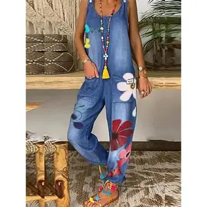 Women's Floral Print Denim Jumpsuit, Fashion Casual Loose Pocket Design Jumpsuit for Daily Wear, Ladies Clothes for Spring & Fall, Strap , Stylish Jumpsuit
