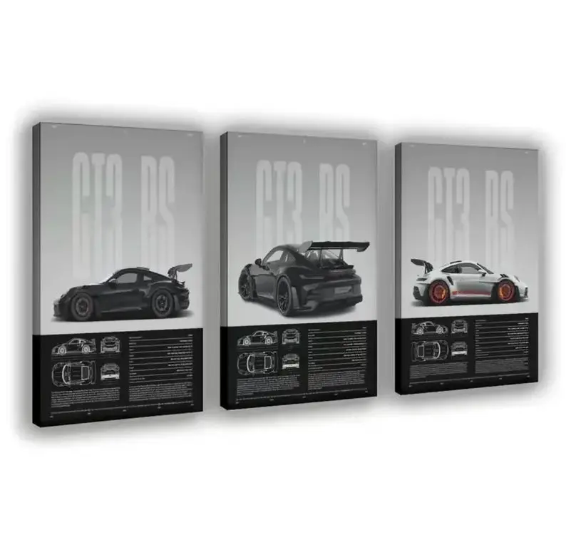 Porsche 911 GT3 RS Wall Art Set 3 Piece Minimalist Supercar Posters for Garage, Man Cave & Car Enthusiast Bedroom Home Decor Poster Unframed HD Print Home Office Decor Unique Trendy Christmas Gift