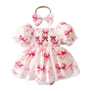 Newborn Baby Girl Bow Romper Dress Puff Sleeve Smocked Bodysuit Jumpsuit with Headband Summer Clothes