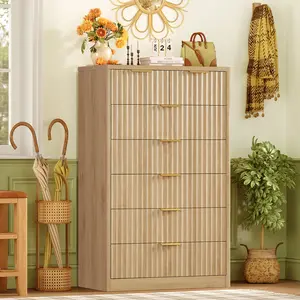 Modern Wooden  Fluted Dresser with 9 Drawers 53'' Wide Farmhouse Dressers with Faux Marble Top Wood Chests of Drawers with Gold Handle & Curved Profile Dresser for Bedroom  Cupboard