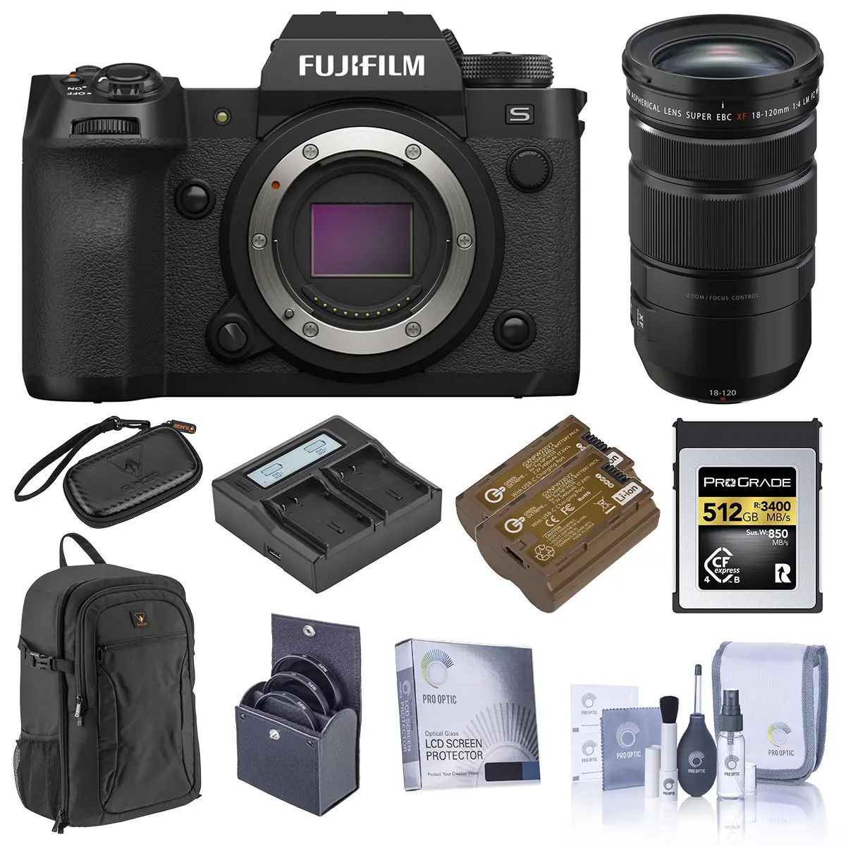 Fujifilm X-H2S 26.1 MP Sensor Electronic Mirrorless Camera with XF 18-120mm f/4 LM PZ WR Lens (Black) Bundle - 512GB CFexpress 4.0 Card, 2 Extra Batteries, Dual Smart Charger, 2 Plates, Backpack, 72mm Filter Kit, HEIF Format, Wireless Lan