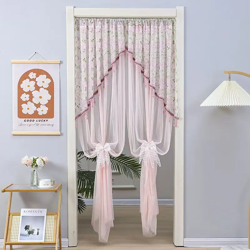 79-inch-long floral tulle door curtain; a button-fastened French-style curtain with tasseled valance; suitable as a privacy curtain for bedrooms, kitchens, and living rooms; a decorative gift for weddings, birthday parties, Halloween, and Christmas