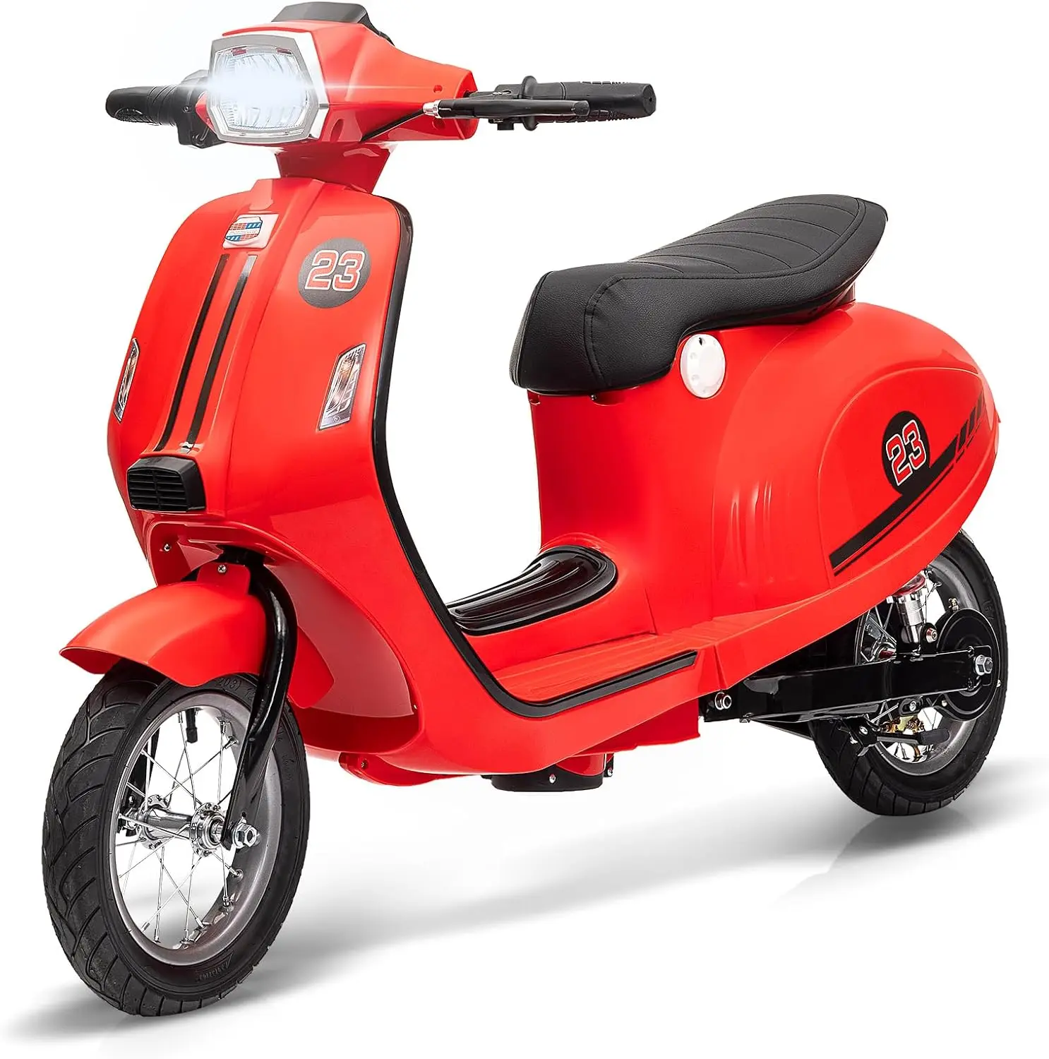 24V Off Road Electric Moped Scooter for Ages 8-12, 350W Rear Wheel Drive Motor, Waterproof Design, Rear Brake, Twist Grip Throttle, LED Lights, Pneumatic Tires, Shock Absorption (Red) - Outdoor Use Scooter, Off Road Scooter