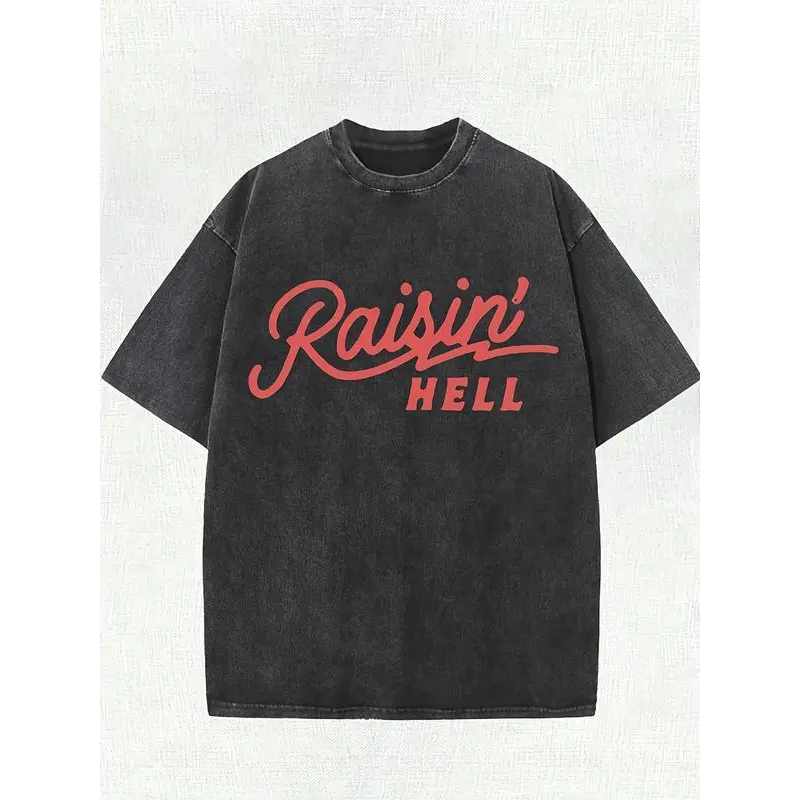 Heavy-Duty Cotton Street Style T-Shirt Tops, Vintage Washed 'Raisin Hell' Pattern Print, Round Neck, Short Sleeve, Casual Summer Wear, Machine Washable, Black-Washable Shirt