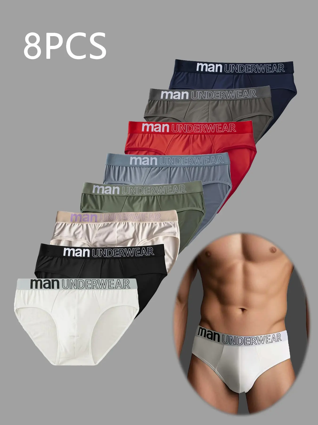 Men's 8-Piece Briefs Set, Casual Fitted Briefs, 8 Different Colors, Comfortable Lightweight Fabric, Breathable for Sleep and Daily Use, Underwear