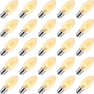 Brightown 25 Pack C9 Bulbs Incandescent Light Bulbs for Christmas String Light E17 Intermediate Base 7 Watt Clear UL Certified Waterproof IP44