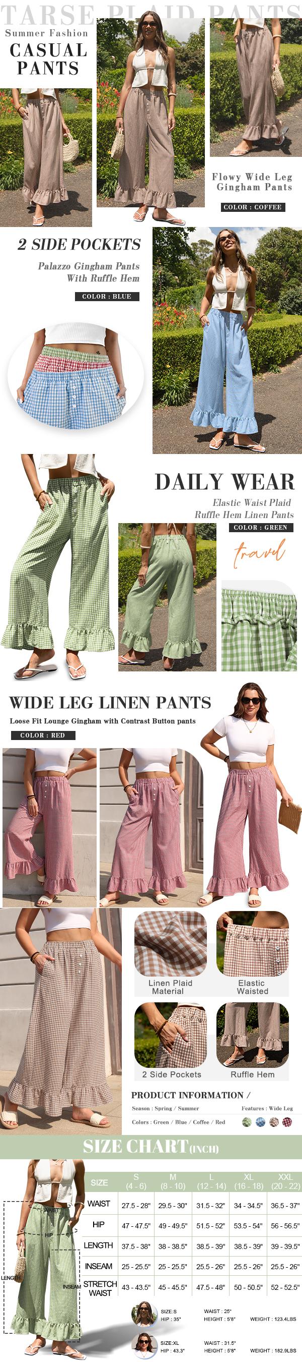 【SS26 Collection】TARSE Women’s Gingham Plaid Ruffle Palazzo Pants Flared Leg Baggy Drawstring Wide Leg Pants with Pockets Beach Travel Vacation Boho Bottoms