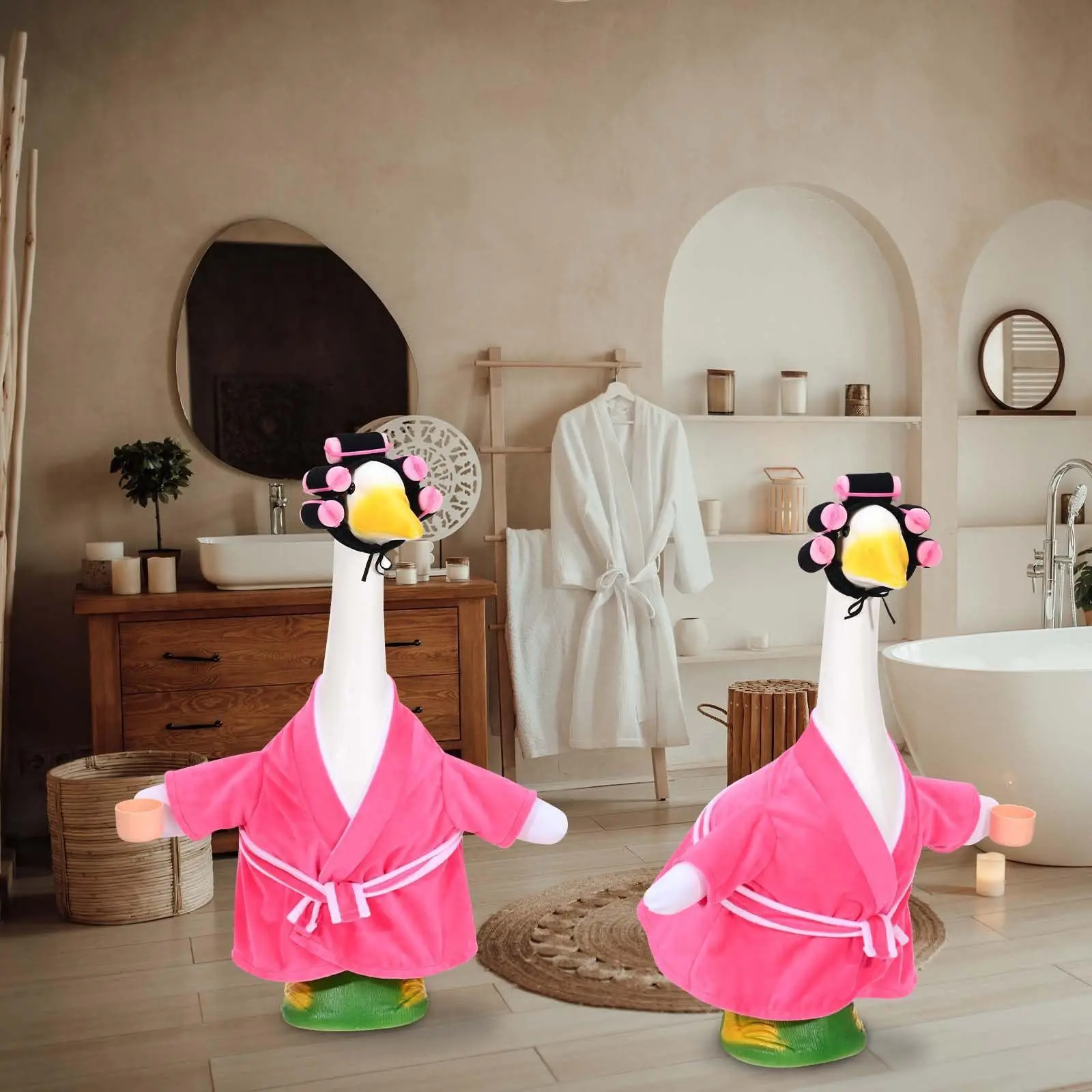 Winter Goose Costumes for 23-Inch Cement Plastic Goose Statues, Ideal for Ladies' Porches & Outdoor Garden Lawn Patio Decor, Compatible with Landlady Bathrobes, Curling Irons
