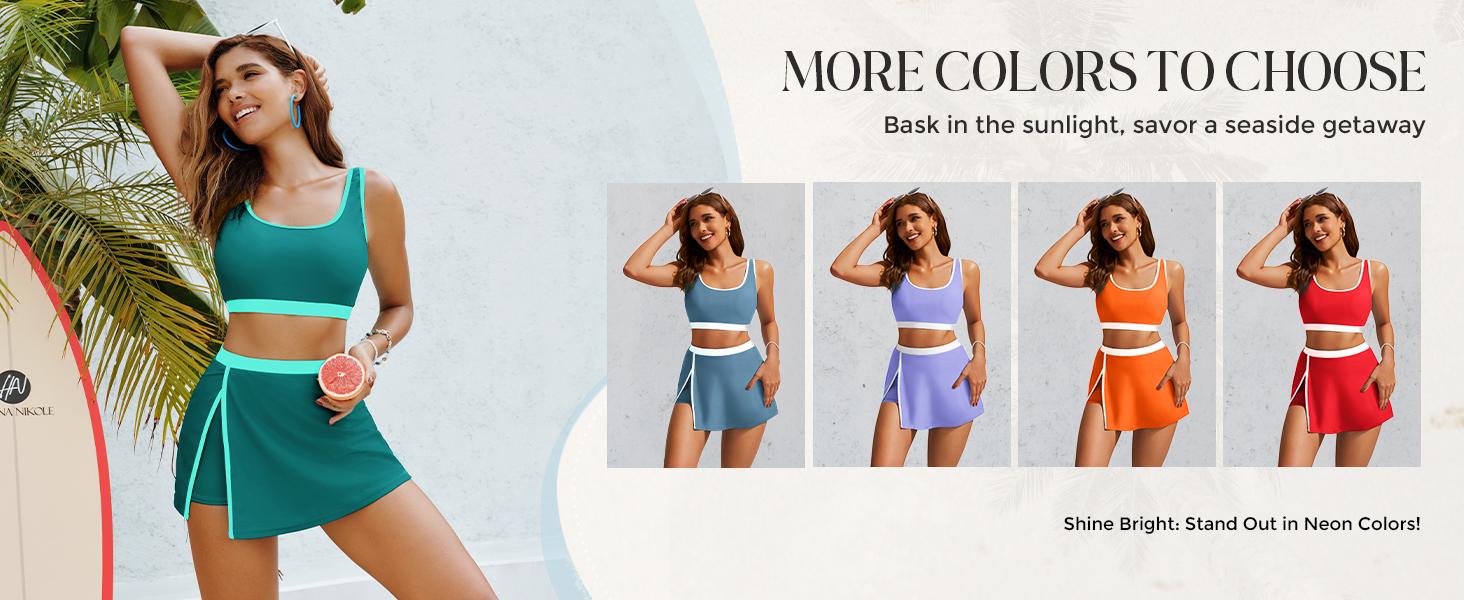 【S-2XL】Hanna Nikole Bikini Sets for Women Color Block Swimsuits with Side Slit Swim Skirt #TikTokShopBlackFriday