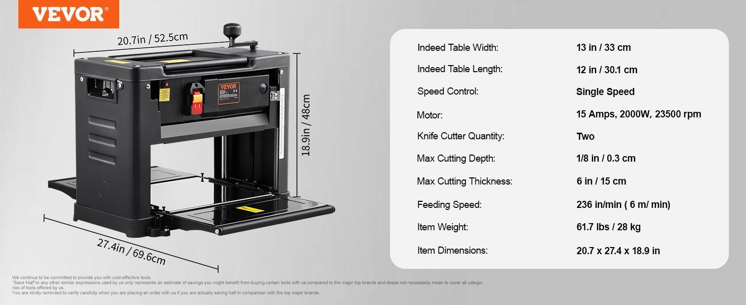 VEVOR Thickness Planer,  Single Speed, 13" Width Worktable Benchtop Planer, Two-Blade, 15-Amp 1800W Powerful Motor, 12" Extended Infeeding Table, Low Noise for both hard & soft wood material removal