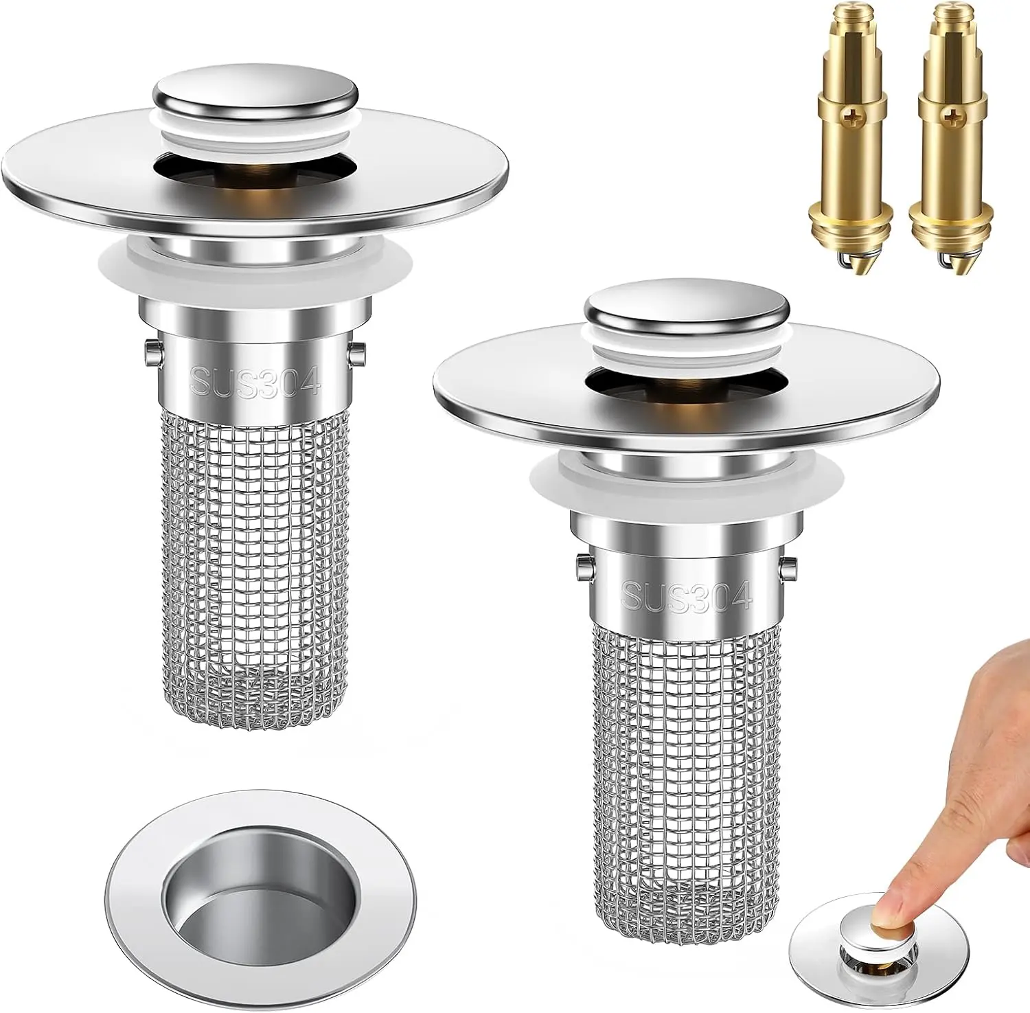 Eco-Friendly Stainless Steel Bathroom Sink Stopper with Brass Bouncing Core, Modern Pop-Up Drain Strainer, Universal Bathtub Drain Accessories for Home Use