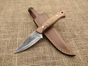 Handmade Damascus Steel San Mai Fixed Blade Hunting Knife | Camping Survival Skinner Knife with Oak Wood Handle – 7.7” Outdoor Knife