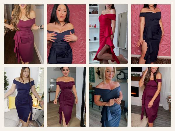 CurvySweet SDK0590A Elegant Sexy Off-Shoulder Bodycon Midi Dress with Side Slit & Ruffle Hem, Built-In Bra — Perfect for Valentine’s Day, Cocktail Parties, Wedding Guests & Evening Events
