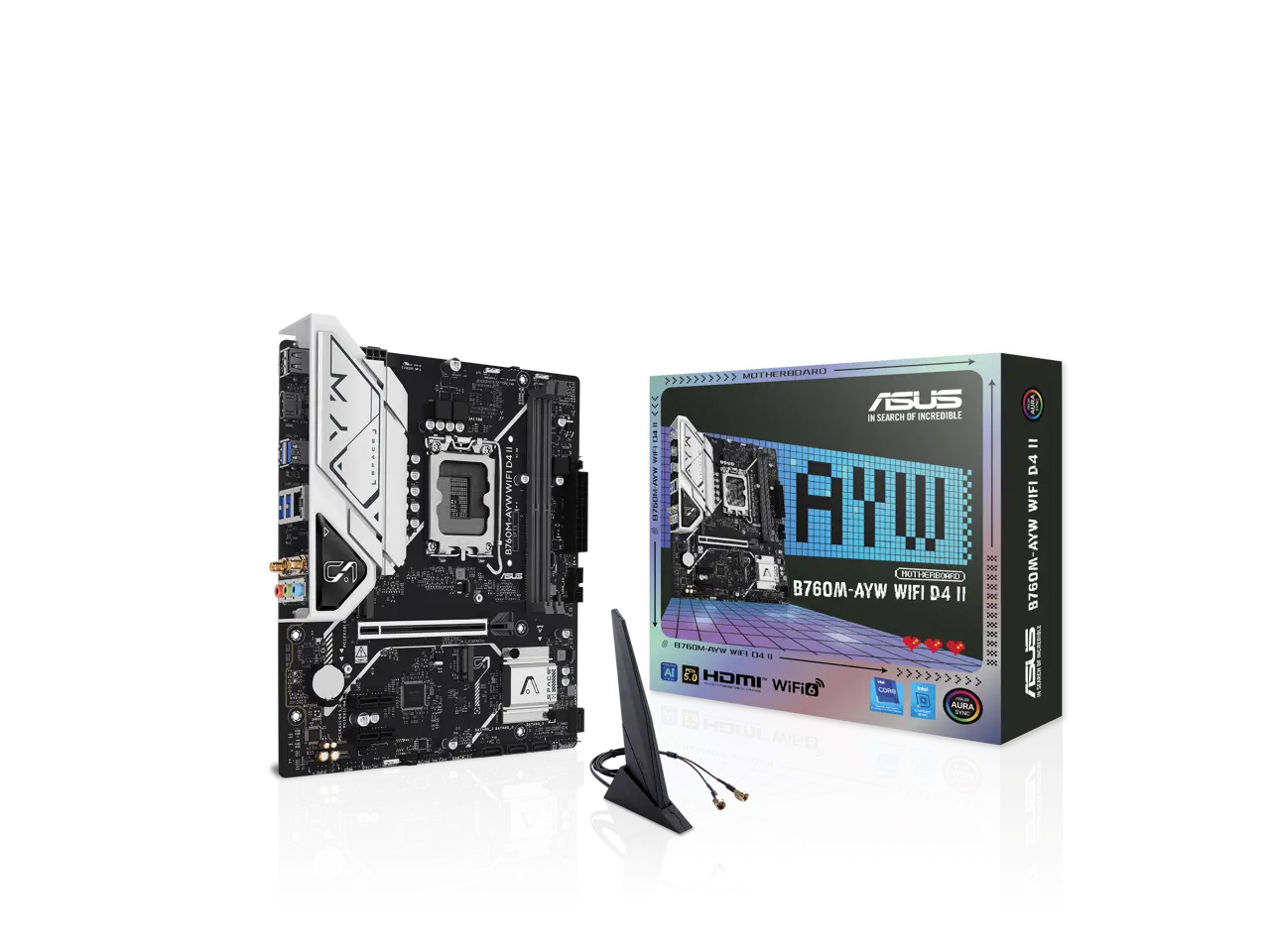 ASUS B760M-AYW WIFI D4 II Intel B760 (LGA 1700) microATX mATX motherboard, PCIe 5.0 x16 Support, two M.2 slots, DDR4, Realtek 2.5Gb Ethernet, Wi-Fi 6, HDMI, SATA 6 Gbps, front USB 5Gbps, Aura Sync