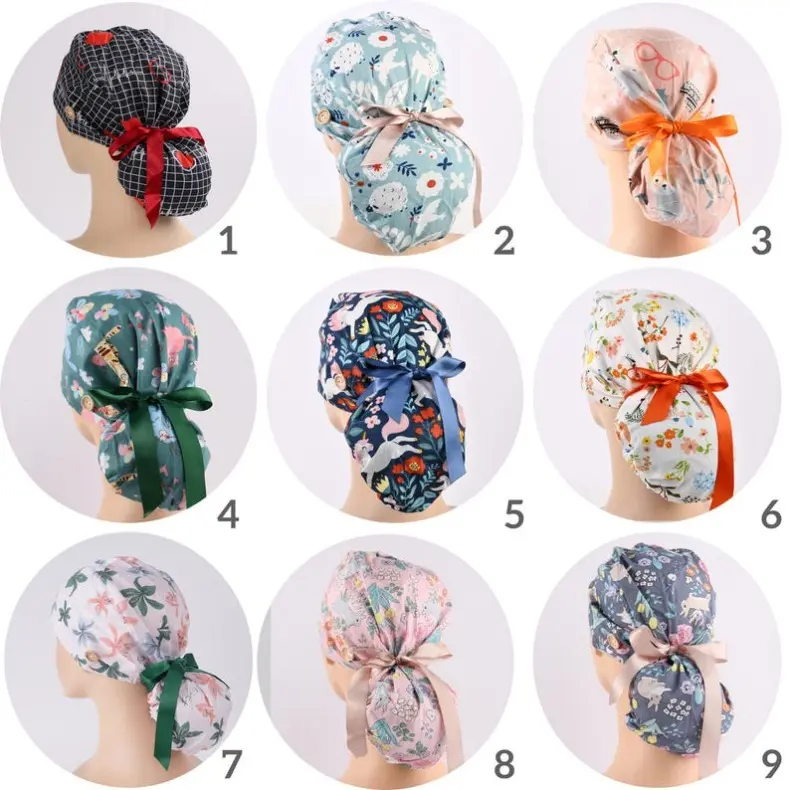 Ponytail Scrub Cap with Buttons & Sweatband: Handmade Cotton Medical Hat, Healthcare Workers Protect Hair