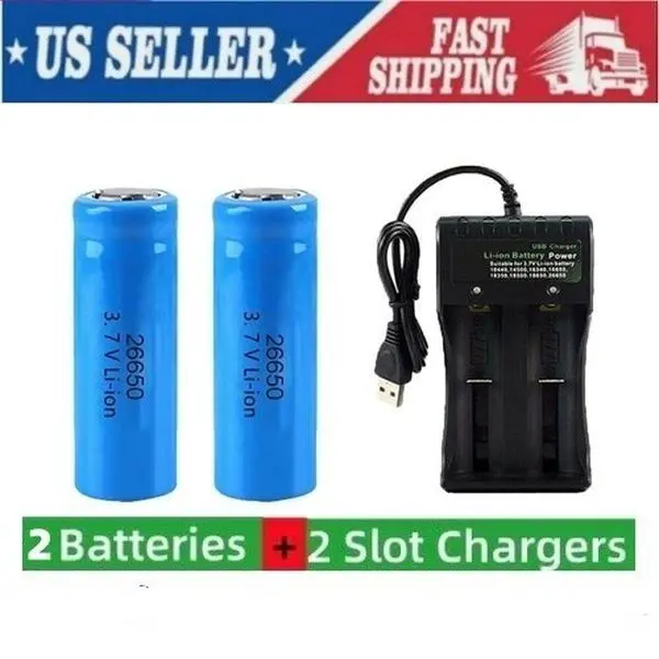 26650 Lithium Rechargeable Batteries 3.7V Li-ion Lot with 2-Slot Smart Charging US Plug - High Capacity Power for Flashlight, Camping Devices