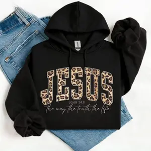 Aesthetic Christian Jesus Leopard Print Sweatshirt | Premium 100% Cotton Trendy Bible Verse Apparel | John 14:6 Faith Graphic Hoodie for Women | Easter 2026 Religious Gift for Believers | Casual Oversized Spring Streetwear Comfort Top