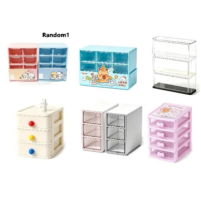 6Pcs Multi-Style Plastic Desktop Drawer Storage Box Assortment, Kawaii Cartoon Capybara 9-Grid Organizer, 3-Tier Clear Stackable Desk Drawer Cabinet, Cute Bow Handle Makeup Stationery Storage Case for School Office Home