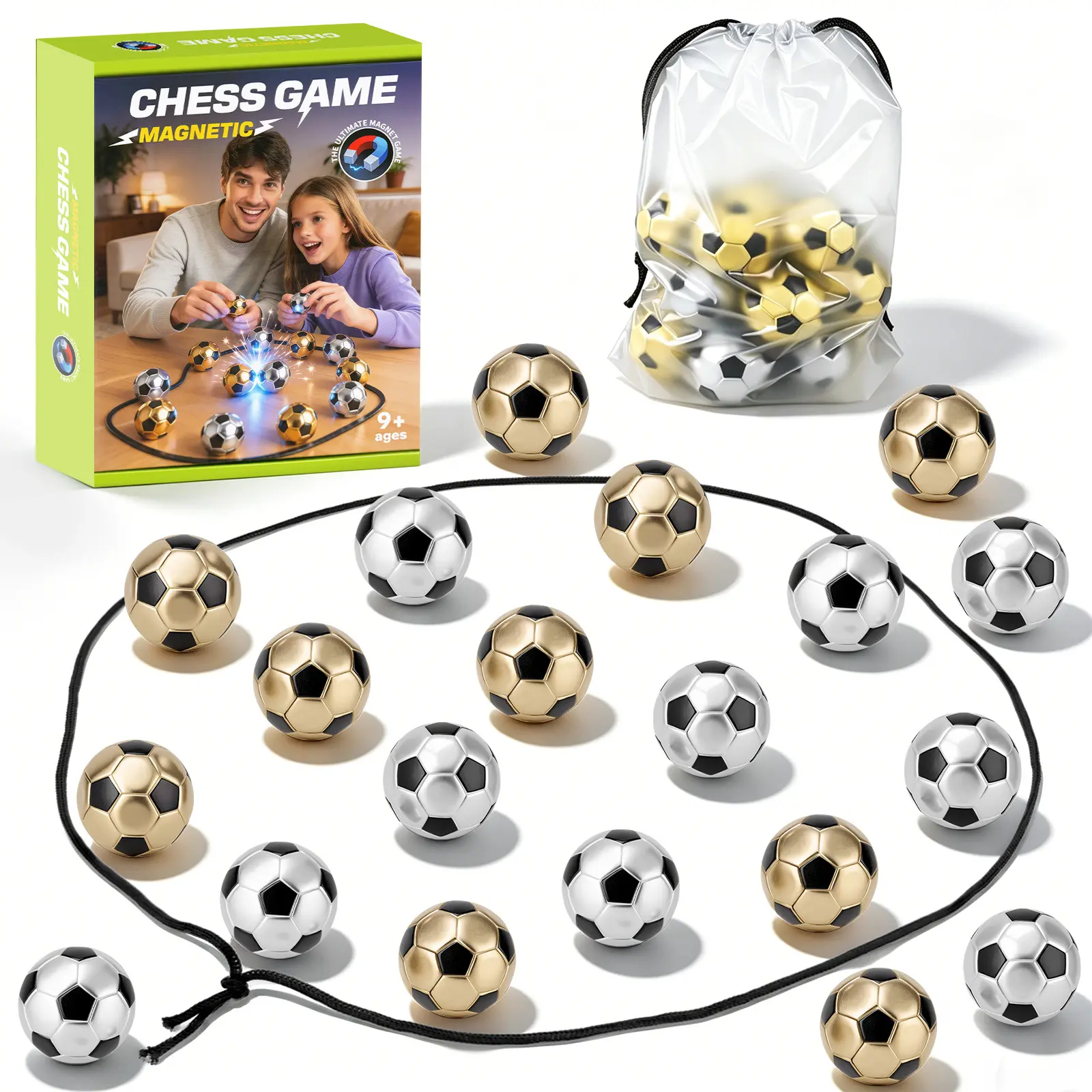 Magnetic Soccer Chess Game Set, 20Pcs Mini Gold & Silver Soccer Magnet Balls with Rope Storage Bag, Tabletop Fidget Board Game, Stress Relief Party Favor Toy for Kids & Family Magnetic Chess Family Game Set