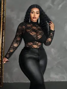 Maweii Plus Size Sheer Lace Blouse – Elegant See-Through Long Sleeve Top