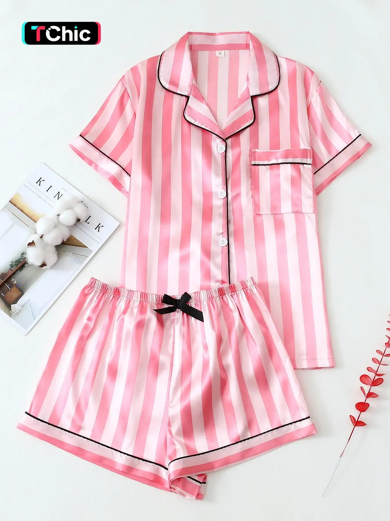 Women's Two-Piece Satin Pajamas Set, Brown Wide Stripe, Short Sleeve Lapel Top & Bow Shorts, Comfortable Loungewear for Spring & Summer, Casual Summer Loungewear