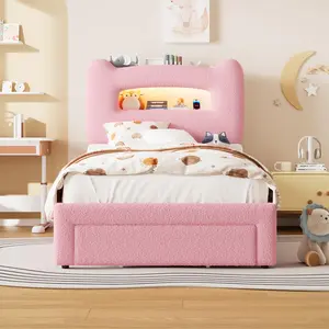 [GAOMON]Twin Upholstered Bed Frame with 2-Tier Storage Headboard and Charging Station, Velvet Platform Bed with Drawer and RGB LED Lights for Kids, No Box Spring Needed, Easy Assembly