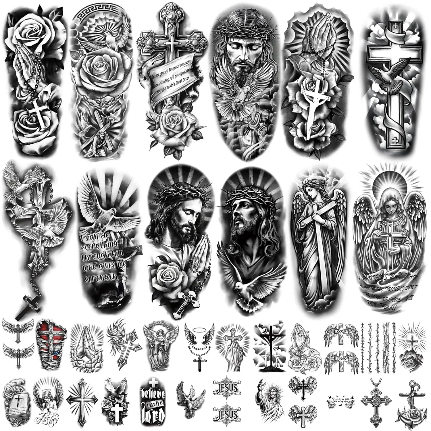 Christian Temporary Tattoos, 77 Sheets of Realistic Religious Body Art for Adults & Kids, Removable Faith Tattoo Stickers with Half Arm & Small Designs for Beginners, Tattoo For Beginners