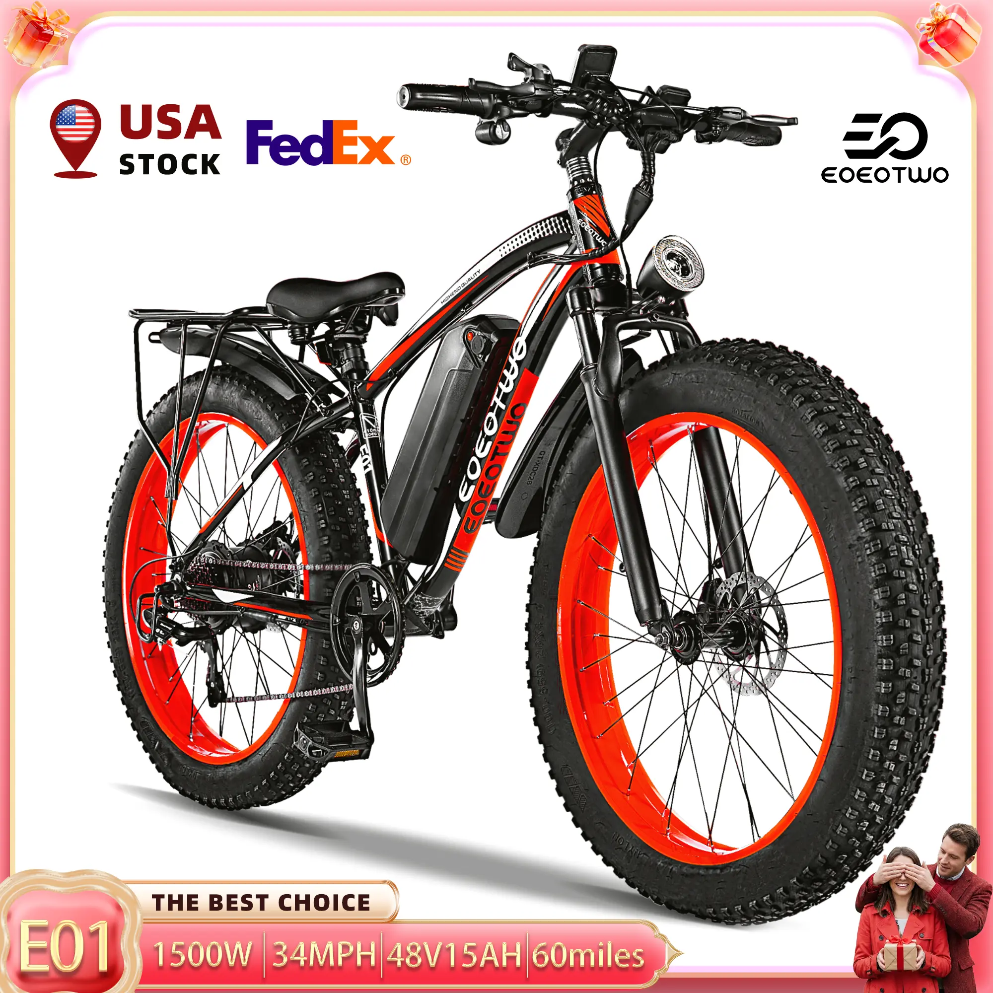 EOEOTWO- (Model E01) – electric bike  1500W Peak Power, All-terrain E-bike with 60-mile（Pedal Assist Mode），26x4-inch , 48V 15Ah  & 34mph Max Speed. Suitable for Road, Sandy, Mountain & Snowy Terrain,camping essentials