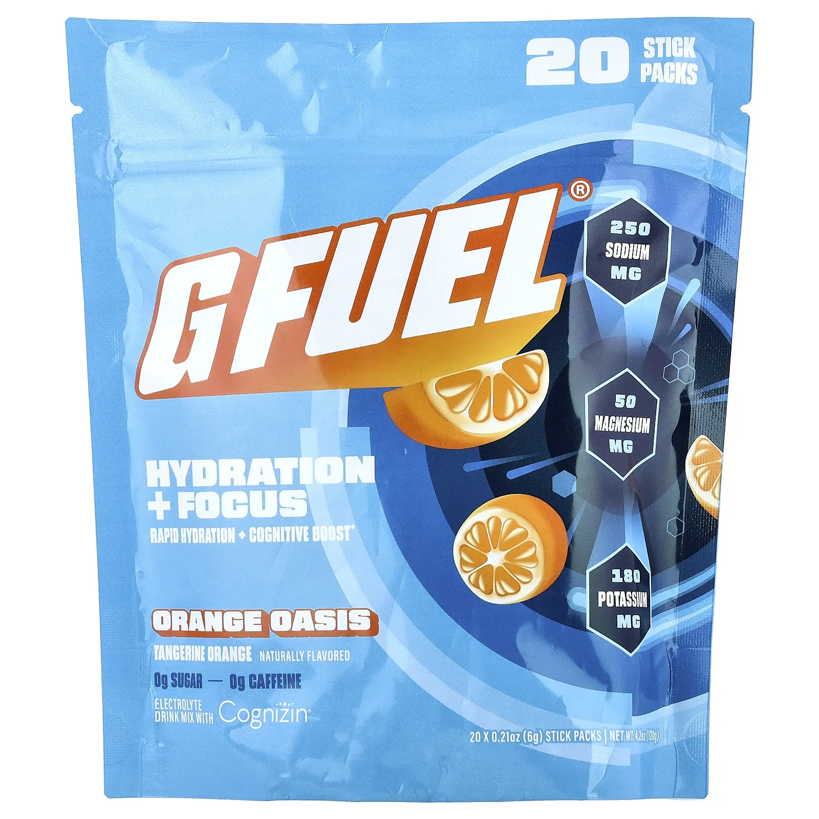 G FUEL Hydration + Focus, Electrolyte Drink Mix with Cognizin®, Orange Oasis, 20 Stick Packs, 0.21 oz (6 g) Each