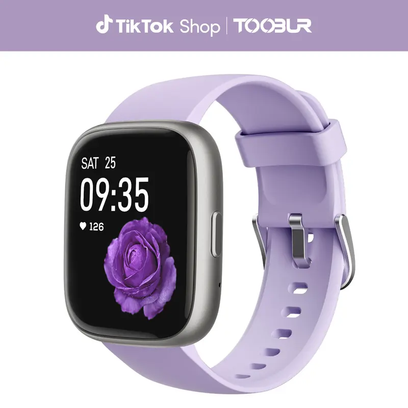 TOOBUR Women's Digital Silicone Sporty Wearable Smart Watch Bracelet - 1.14in LCD Clock Display, Batteries Built-in, Android Compatible, Bluetooth Calls, Voice Assistant, IP68 Rated, 100 Sport Modes, Calorie Tracker, Music Player (Lilac, Women's Gift)