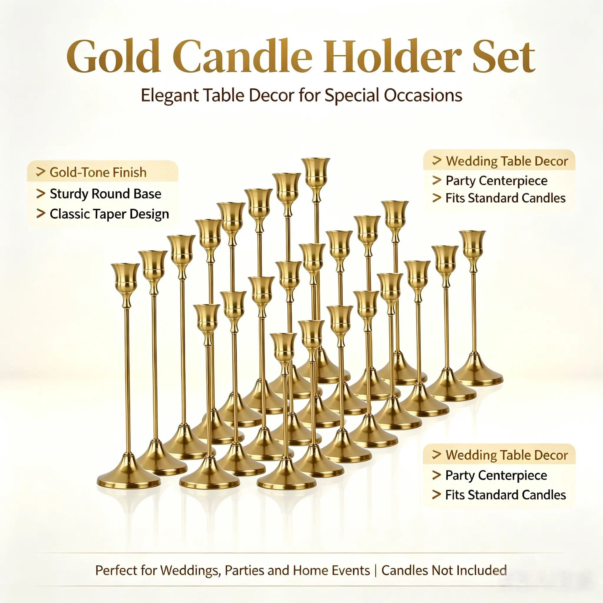 Vintage Metal Taper Candle Holders Set of 6/12/24, Antique Candlestick Holders, Table & Fireplace Mantel Decor for Christmas, Wedding, Halloween, Baptism, Birthday, Holiday Party & Indoor Outdoor Home Decor, Candles Not Included, Vintage Candle Stand, Dec
