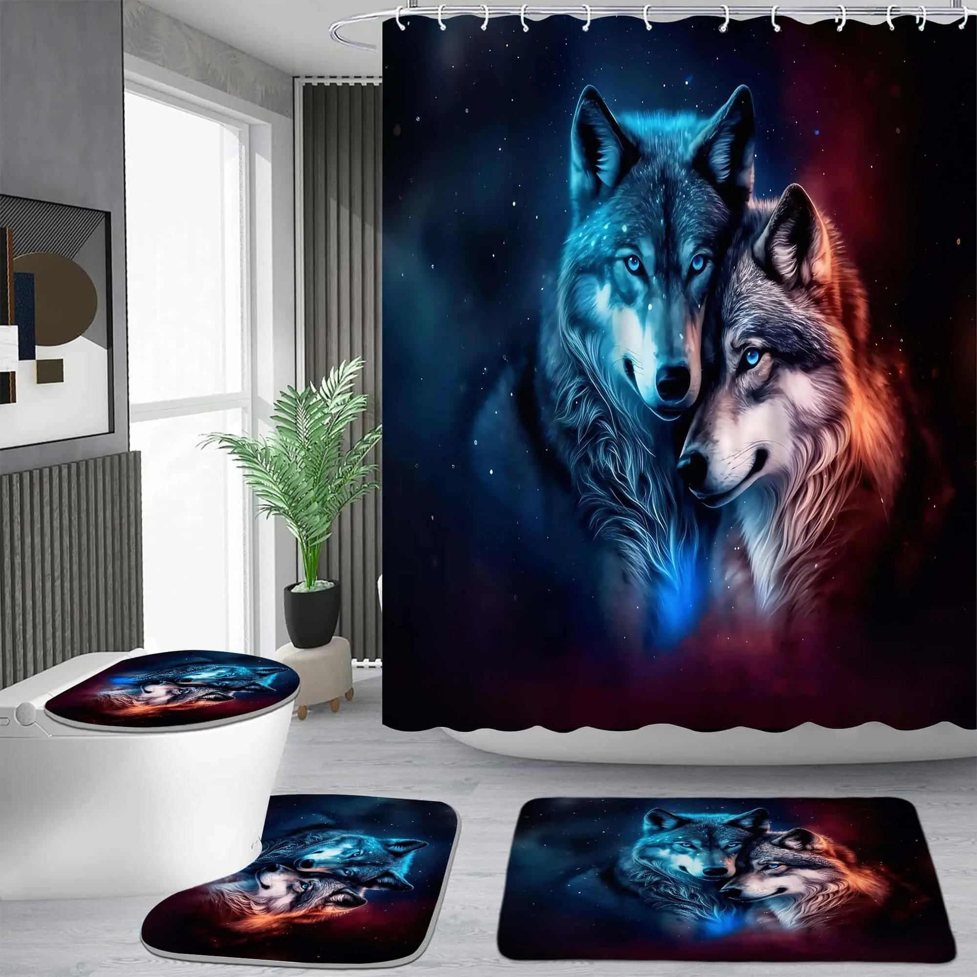 Ice and fire double wolf starry sky pattern shower curtain set, waterproof shower curtain with 12 hooks, non-slip bathroom carpet, toilet U-shaped cushion, toilet seat cover cushion, bathroom shower curtain set, perfect moving gift.