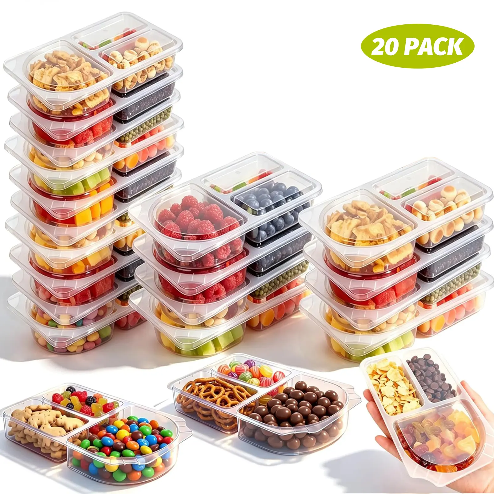 20-Pack Durable Food-Grade Plastic Meal Prep Containers - Leakproof Containers with Dustproof Sealed Lids (260ml), Double/3-Compartment, Stackable, Utensils Included, Lunch Boxes for Kids, Double Comp., for Parents, Organized Food Storage