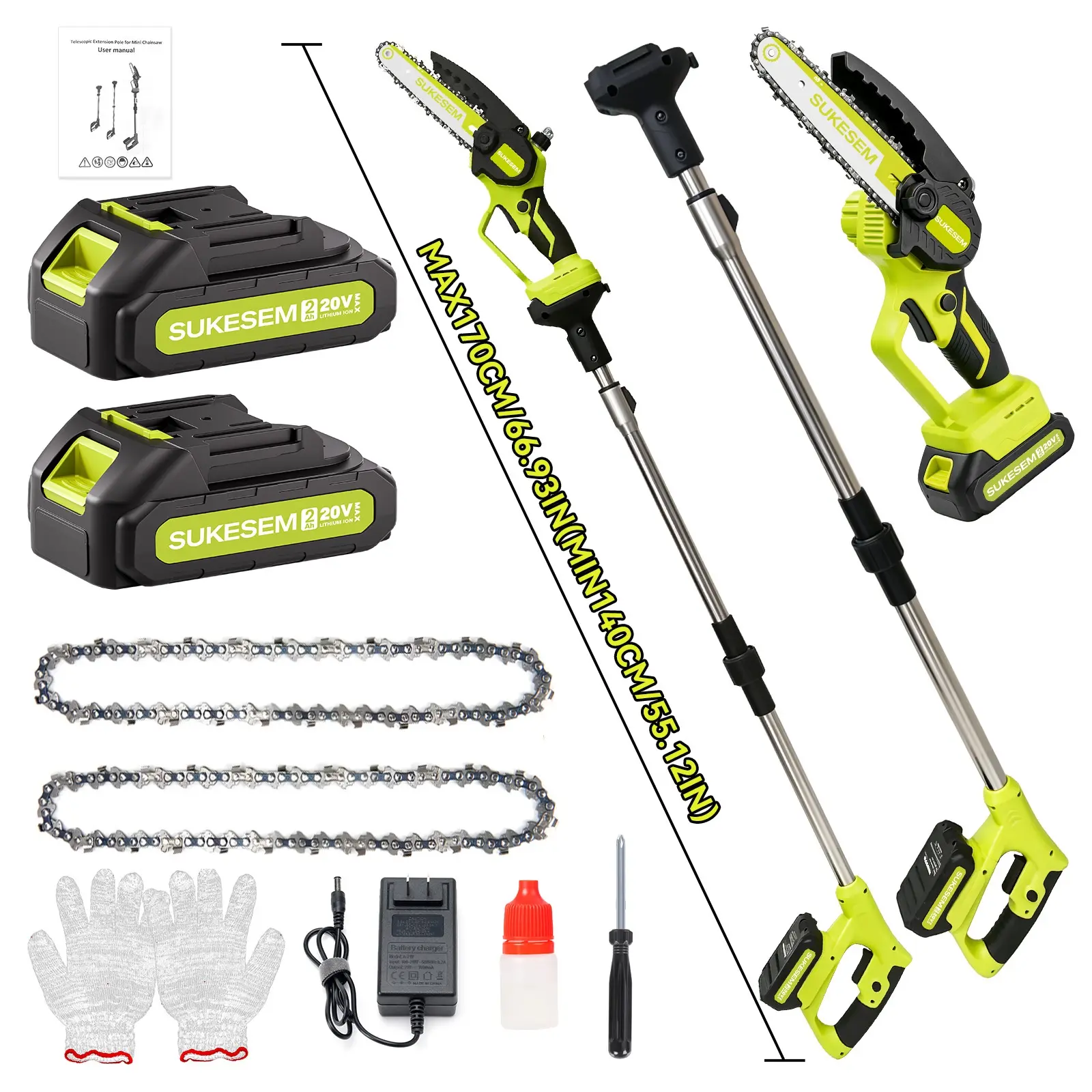SUKESEM 2-in-1 Cordless Pole Saw & Mini Chainsaw, 6-in Electric Tree Trimmer with Extension Pole, Lightweight Battery-Powered Tool for Tree Pruning, Branch Cutting