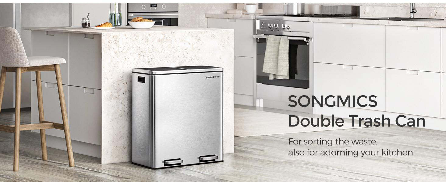 SONGMICS Trash Can 2 x 8 Gallon (2 x 30 L) Kitchen Garbage Can with 15 Trash Bags, Plastic Inner Buckets & Hinged Lids