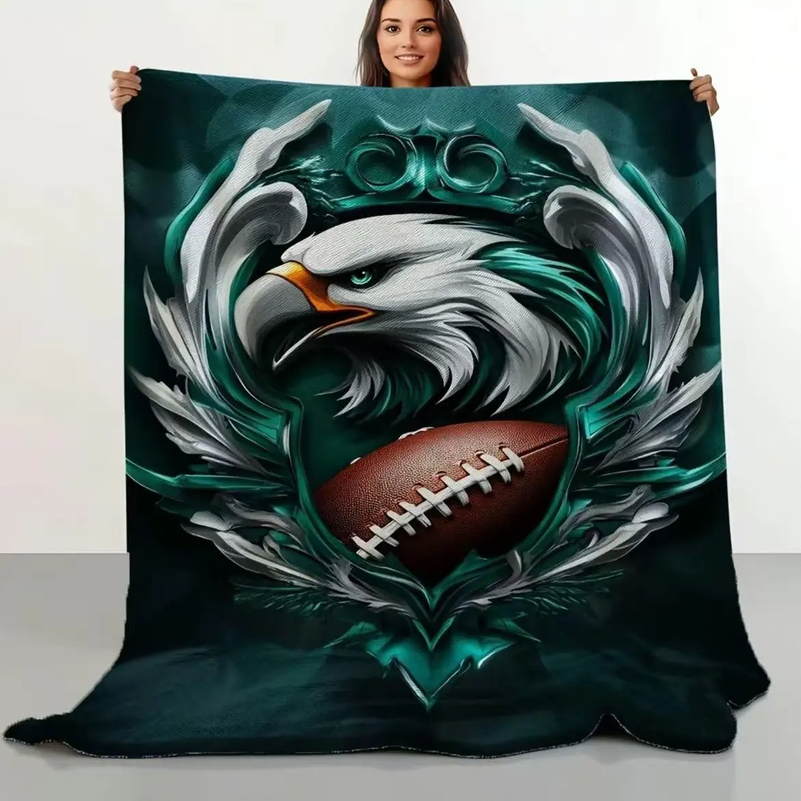 Retro Eagle Football Logo Printed Flannel Furry Blanket - Flannel Fabric, Vibrant Sports Print, Ultra-Soft, Unisex, All Seasons, Ideal Birthday Gift for Sports Enthusiasts, Printed Pattern