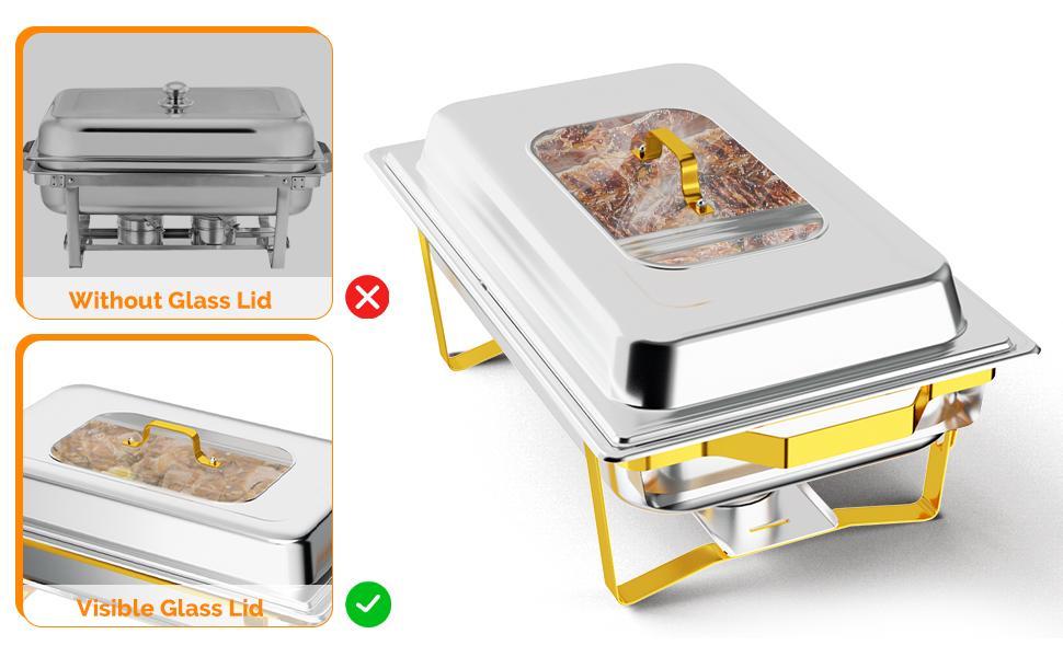 ROVSUN Chafing Dishes for Buffet 4 Pack, 9QT Chafing Dish with Multiple Food Pans Combo,Stainless Steel Buffet Servers and Warmers with Glass Lid & Folding Frame for Parties Weddings, Gold & Silver SpringStatements